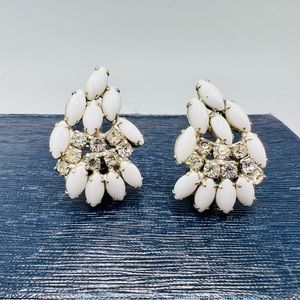 Vintage white glass rhinestone clip on earrings climbers milkglass